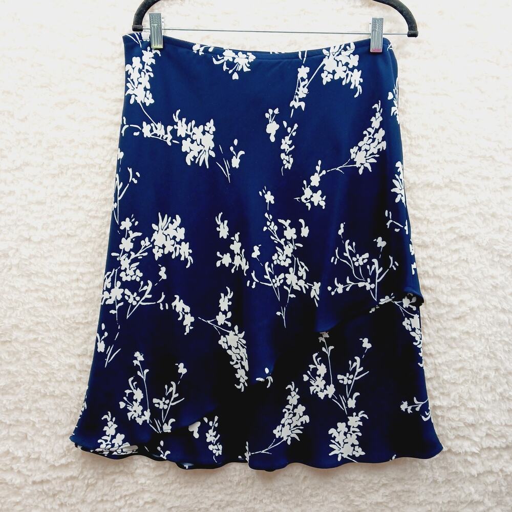 Skirt Flare Navy White Floral Lined Midi Peasant Prairie Floral Feminine Size 10